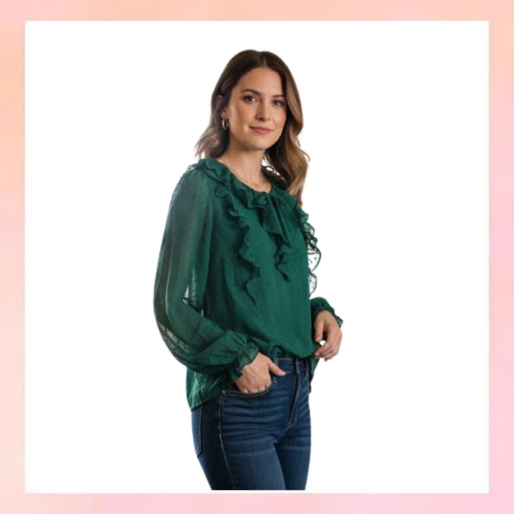 LOFT Emerald Green Swiss Dot Ruffle Blouse - Size XS